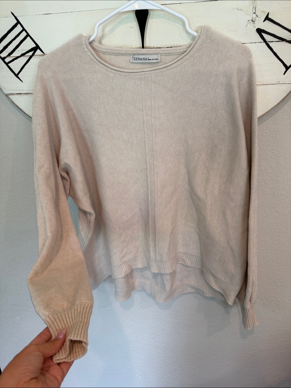 Zenana Outfitters Scoop Neck Crew Sweater in Light Beige
